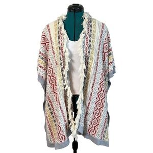 CAbi Red Yellow and Gray Fringe Geographic Knit Poncho Sweater Kimono